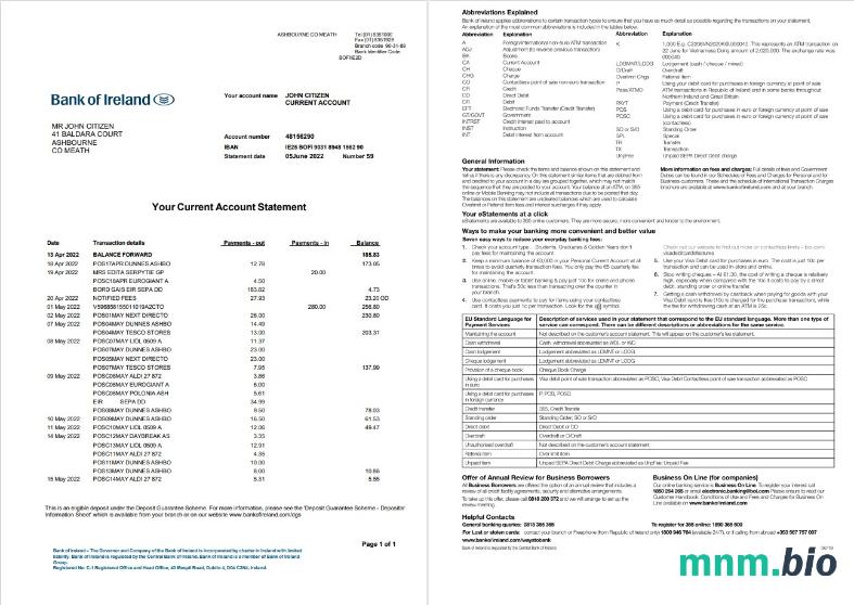 Ireland Ulster Bank statement template w formacie Word i PDF